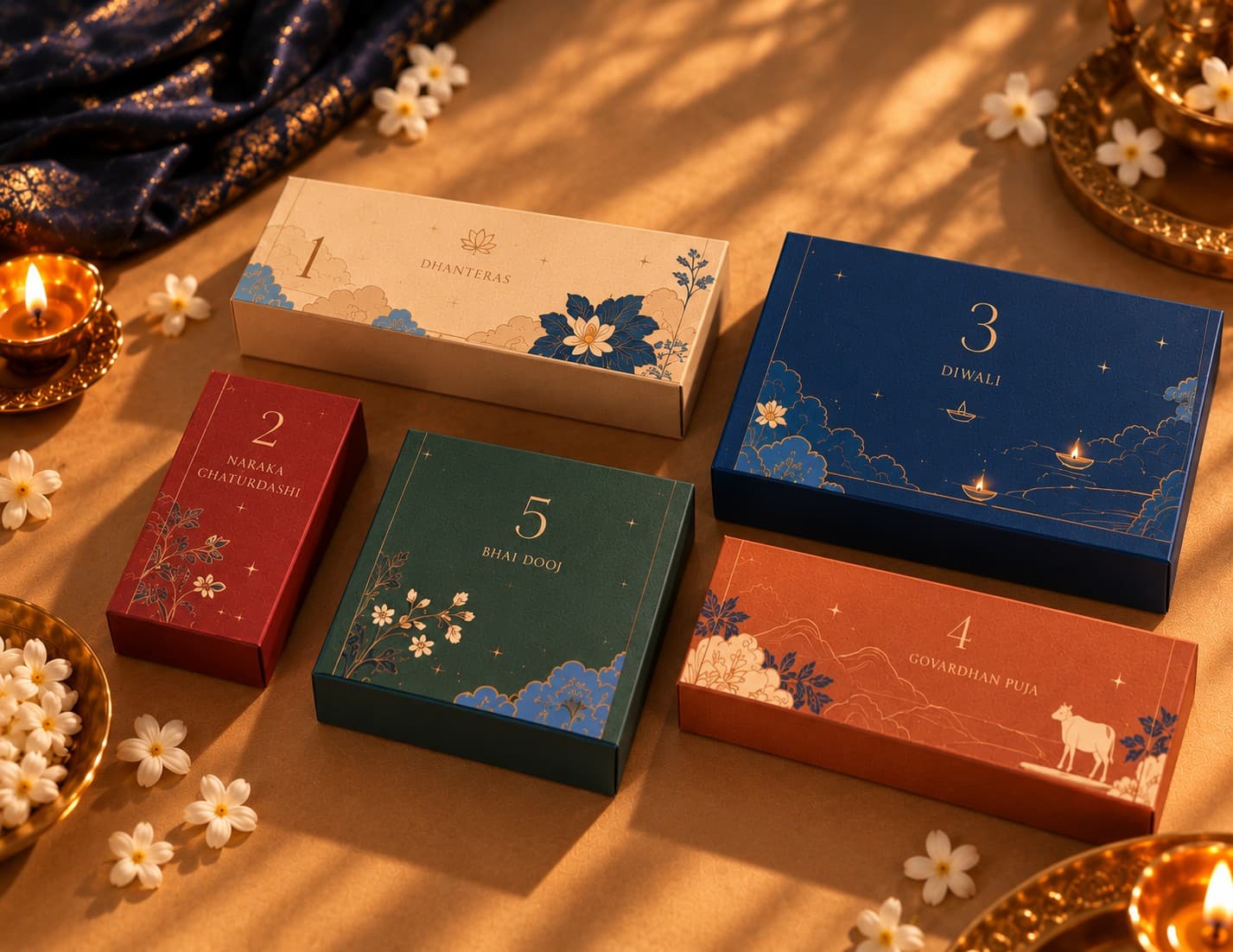 The five inner boxes laid out among diyas and jasmine: Dhanteras, Naraka Chaturdashi, Diwali, Govardhan Puja and Bhai Dooj.